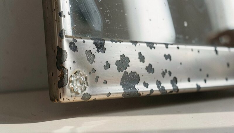 Close view of the lower edge of an antique mirror, its silvering broken into grey speckles and dark patches, a small glass rosette in the corner, raking light from the side