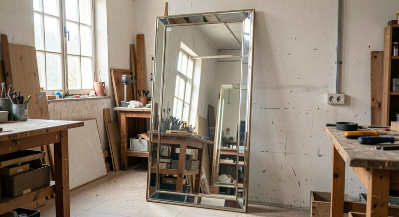 A tall mirror with a bevelled glass frame standing in a workshop, its reflection caught in a second mirror behind it