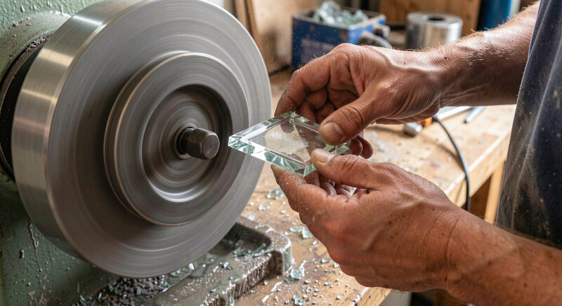 An artisan's hands holding a small bevelled glass piece against a spinning grinding wheel in a workshop, water and fine glass dust visible.