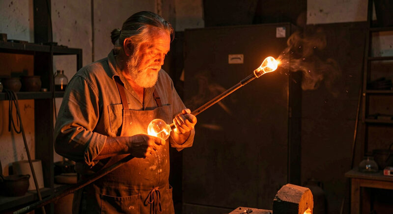 A glassblower shaping molten glass at the end of a long blowpipe in a dark workshop, orange furnace light on his face and arms.